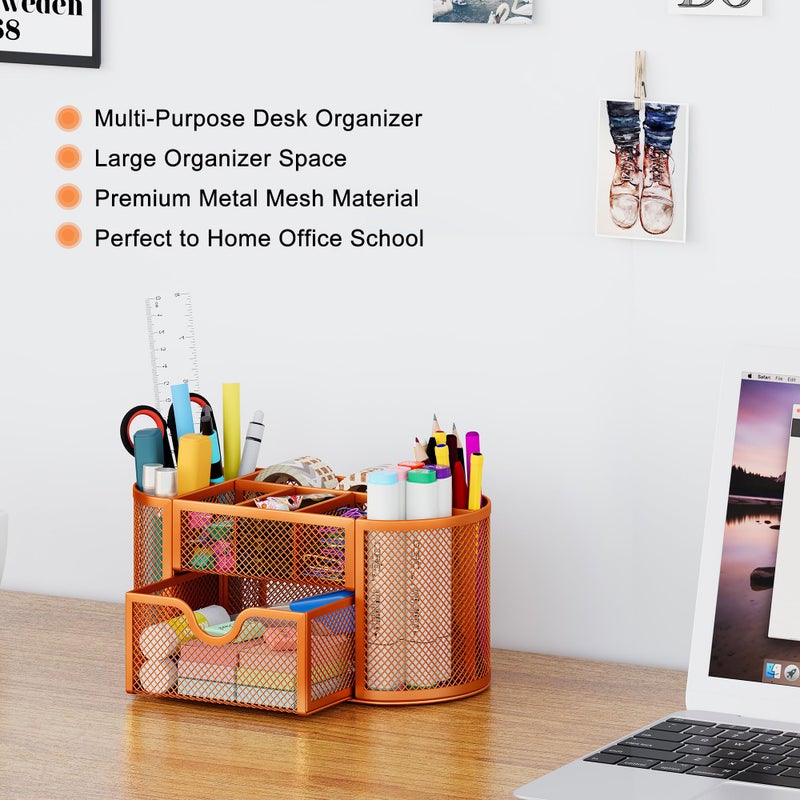 EasyPAG Mesh Pen Holder Desk Organizer with Drawer Stationery Supplies Organizer for Dorm School 9 Compartments Workspace Desk Accessories Organization for Office, Orange - Image 3